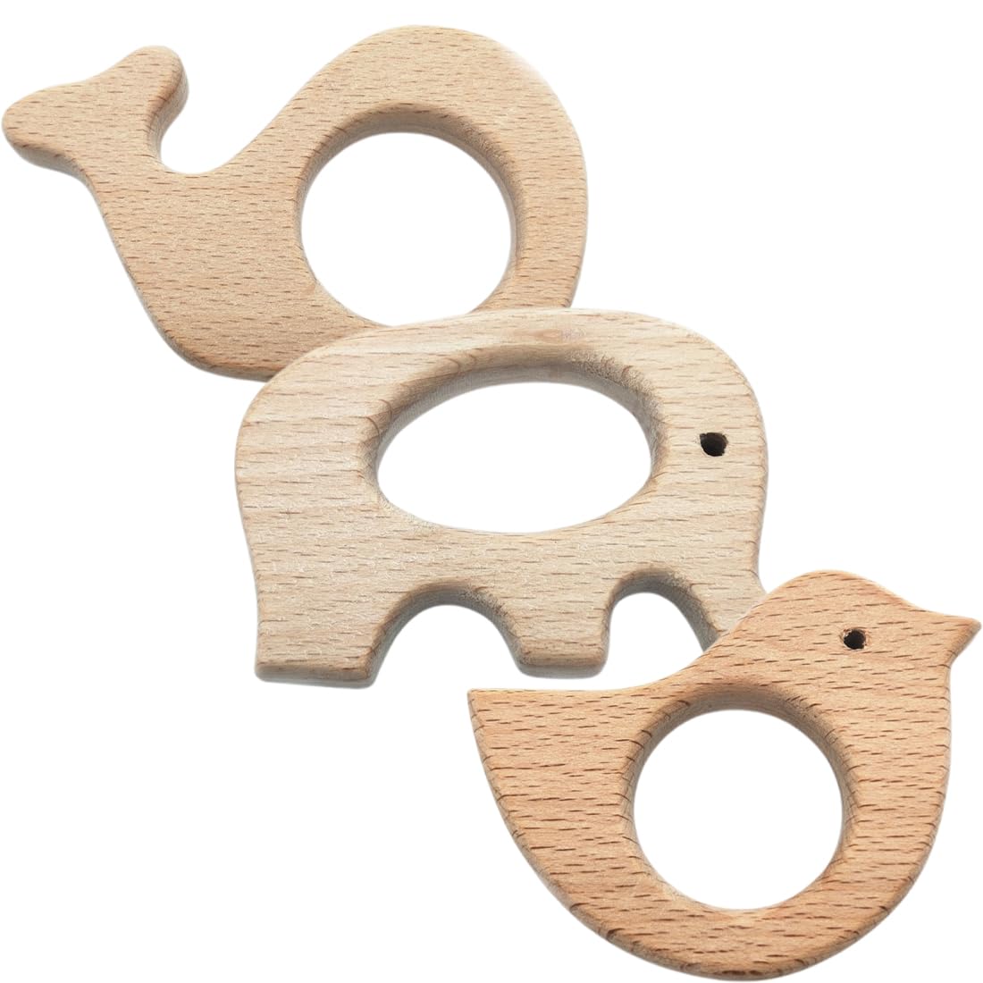 SIRLOMU Pack of 3 Baby Teething Ring Wooden Baby Wooden Figures, Natural Wooden Rings, Handmade Pendant Kit for DIY Jewellery, Crafts (Natural Wood)