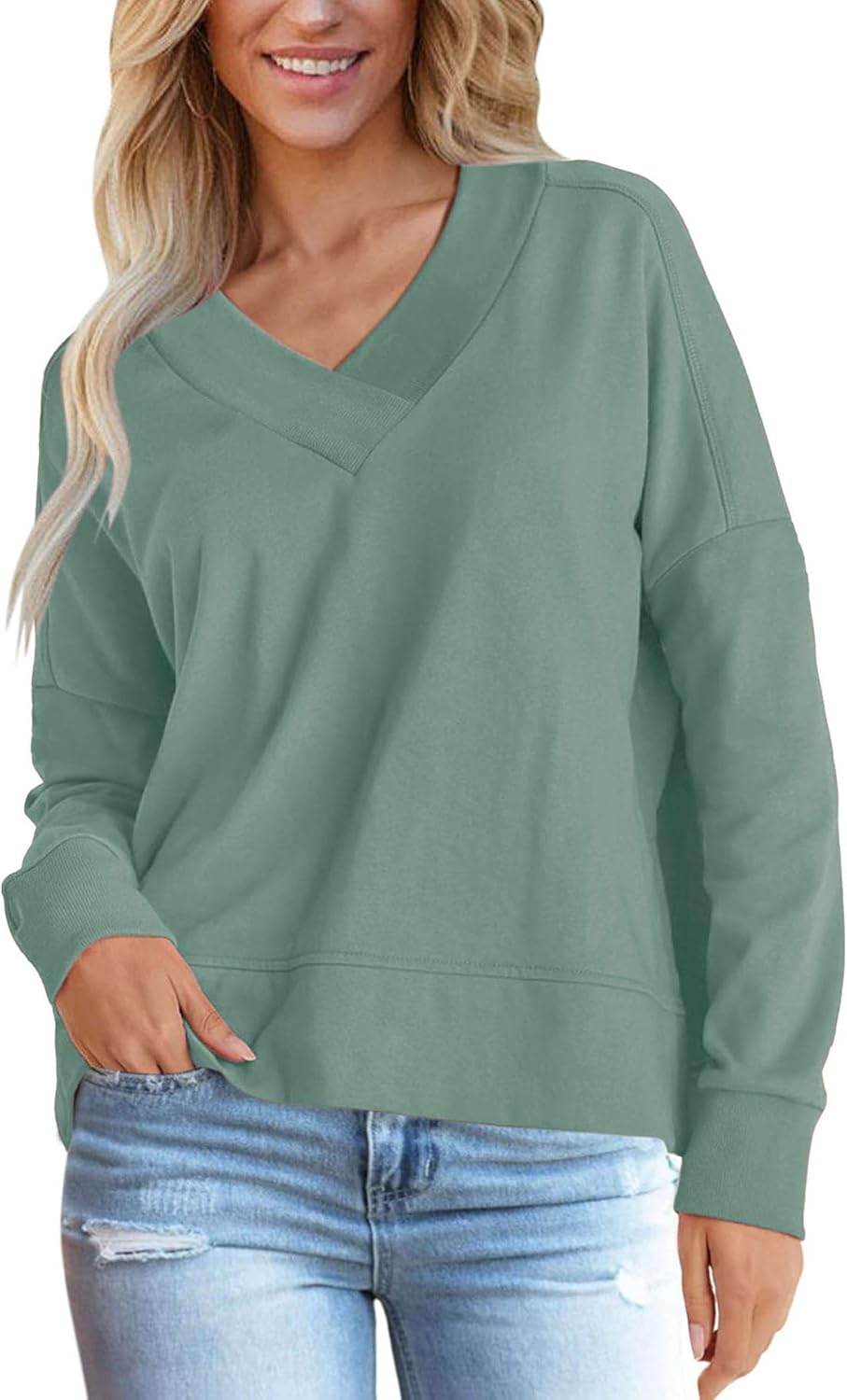 Vivitulip Basic Women's Sweatshirt V-Neck Oversized Long Sleeve Casual Pullover Top