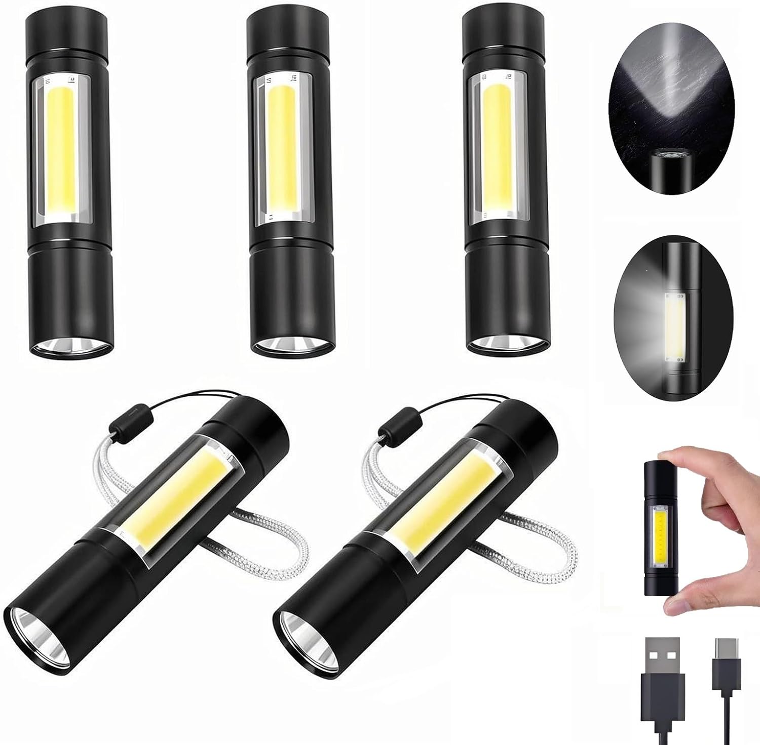 5Pack Mini Small Pocket LED Flashlight，USB Rechargeable High Lumens Bright Powerful EDC Flash Lights，Aluminum Handheld Flashlight for Home, Emergency, Camping, Dog Walking, Bulk Gifts for Kids