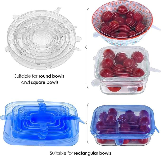 Surinka Silicone Stretch Lids Rectangle, Reusable Food Container Lids, BPA-Free, Eco-Friendly Curved Dish   Covers, Microwave, Oven & Dishwasher Safe (Round+Squre-pack of 12) - Image 5 thumbnail