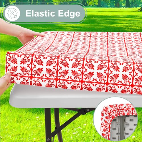 Image of misaya Picnic Table Cover with Bench Cover, Waterproof Elastic Fitted Tablecloth for 8 Foot Tables, Rectangle Washable Polyester Tablecloths for Picnic, Camping, Outdoor (Red, 30 inch x 96 inch)