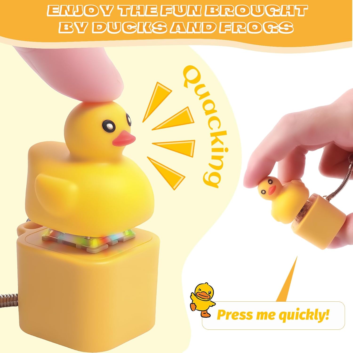 Quacking Duck Keyboard Fidget Toy Keychain with Colorful LED Light & Sound, Duck Button Clicker Rechargeable Sensory Toy Funny Gift for Adults Relieve Stress Anxiety - Yellow, 2 Pack