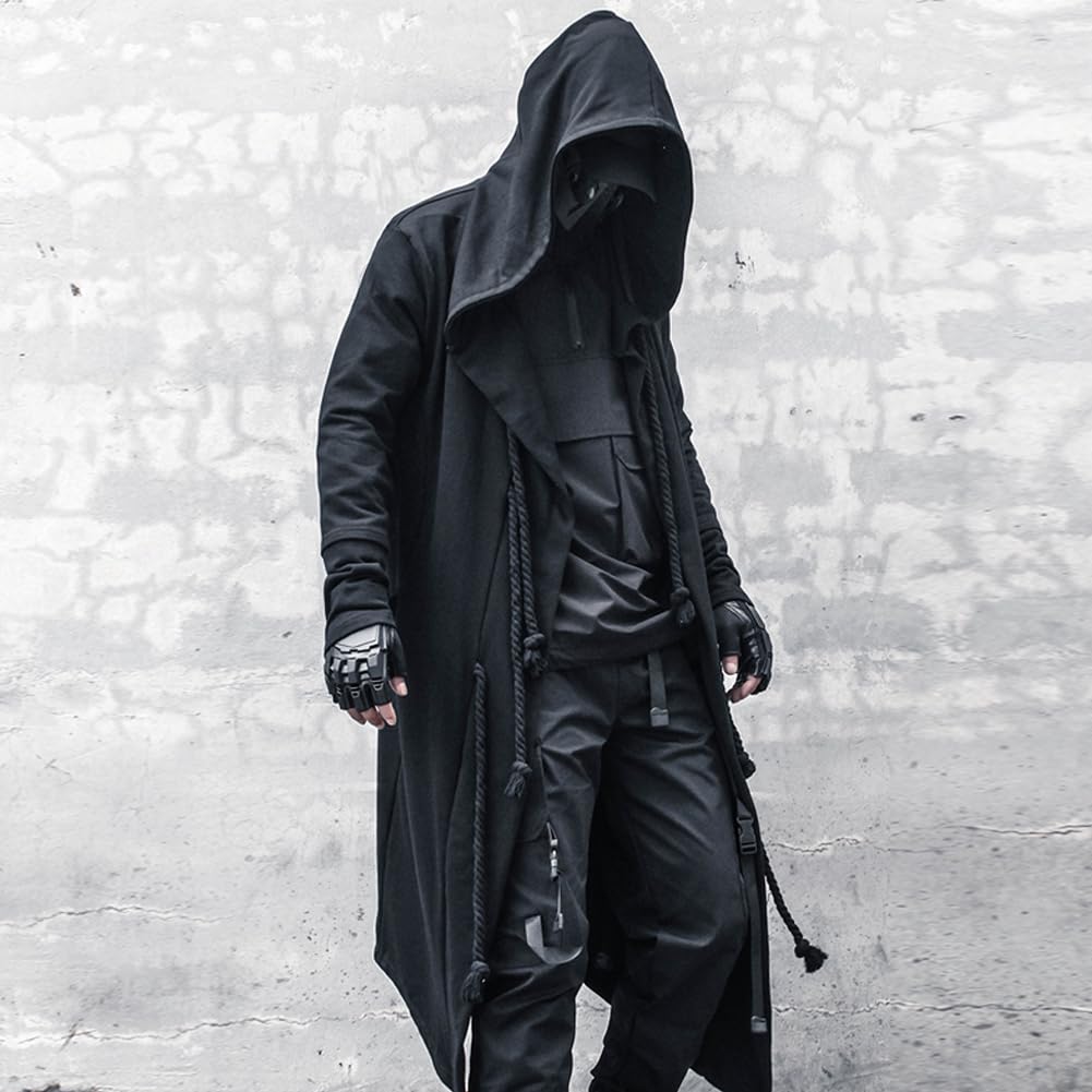 Gothic Cloak Long Hoodie Herren Schwarz Zauberer Hoodies Streetwear Cardigan Hoodie Techwear Herren