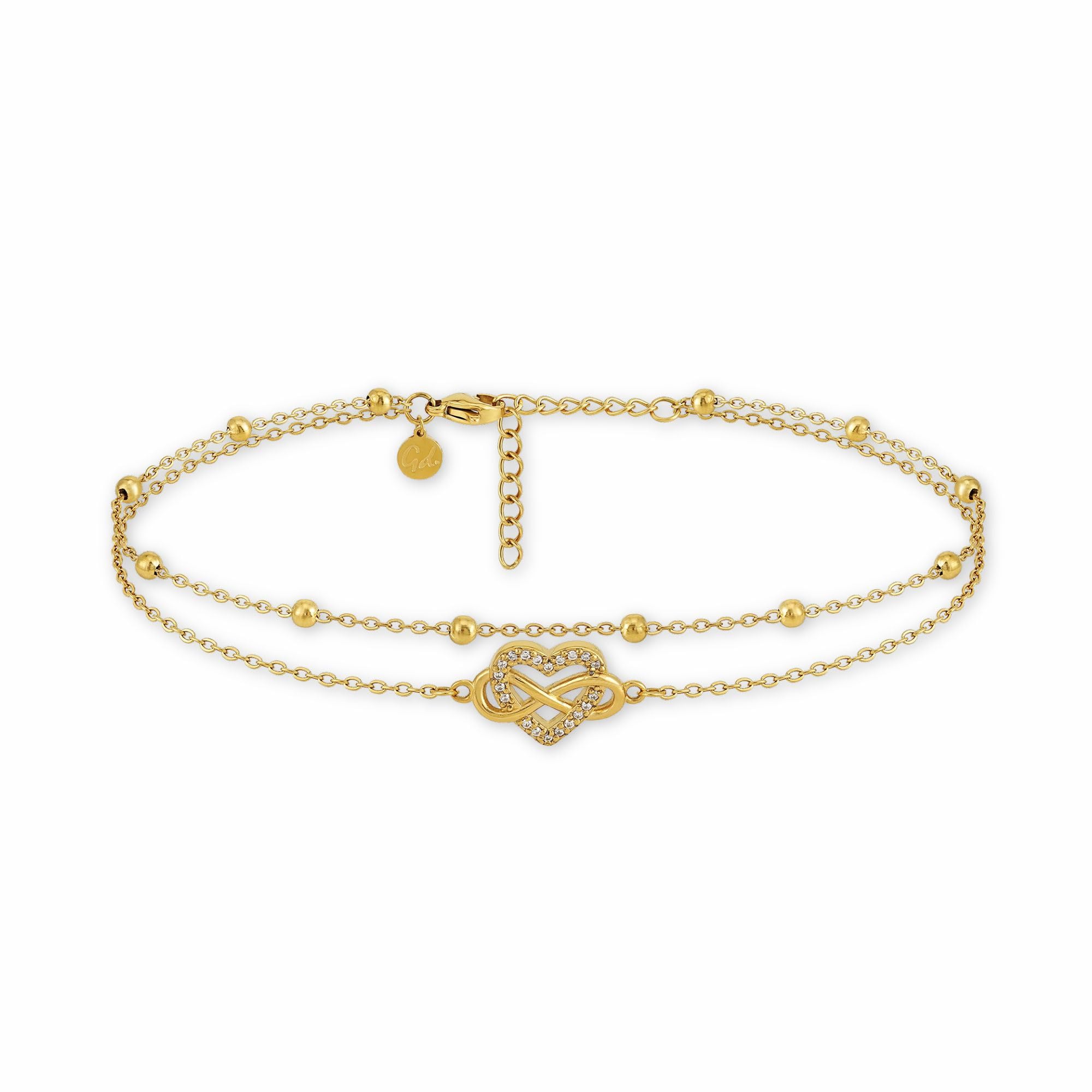 GD GOOD.designs Fußkettchen für Damen mit Herz | Mehrreihige Infinity Fusskette - Wasserfest & Verstellbar (22-27 cm) | 316L Edelstahl Fußschmuck in 18K Gold, Roségold oder Silber