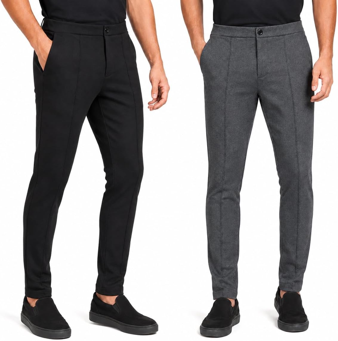 Kit 2 Calças Alfaiataria Masculina Skinny Social Bolsos Funcionais Moletinho Hibrido Botão Frontal Decorativo Poliéster Macio