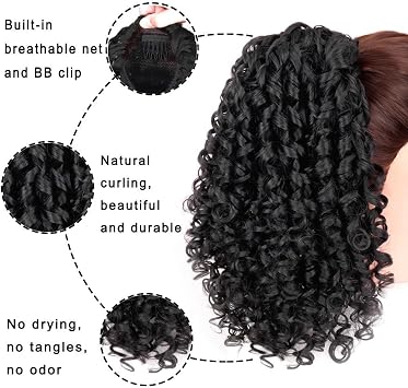 Curly Ponytail Extension Wrap Around Corn Wave Ponytail Hair Wigs Pieces DIY Natural Human Synthetic Clip on Hairpiece Extension For Women Girls Black