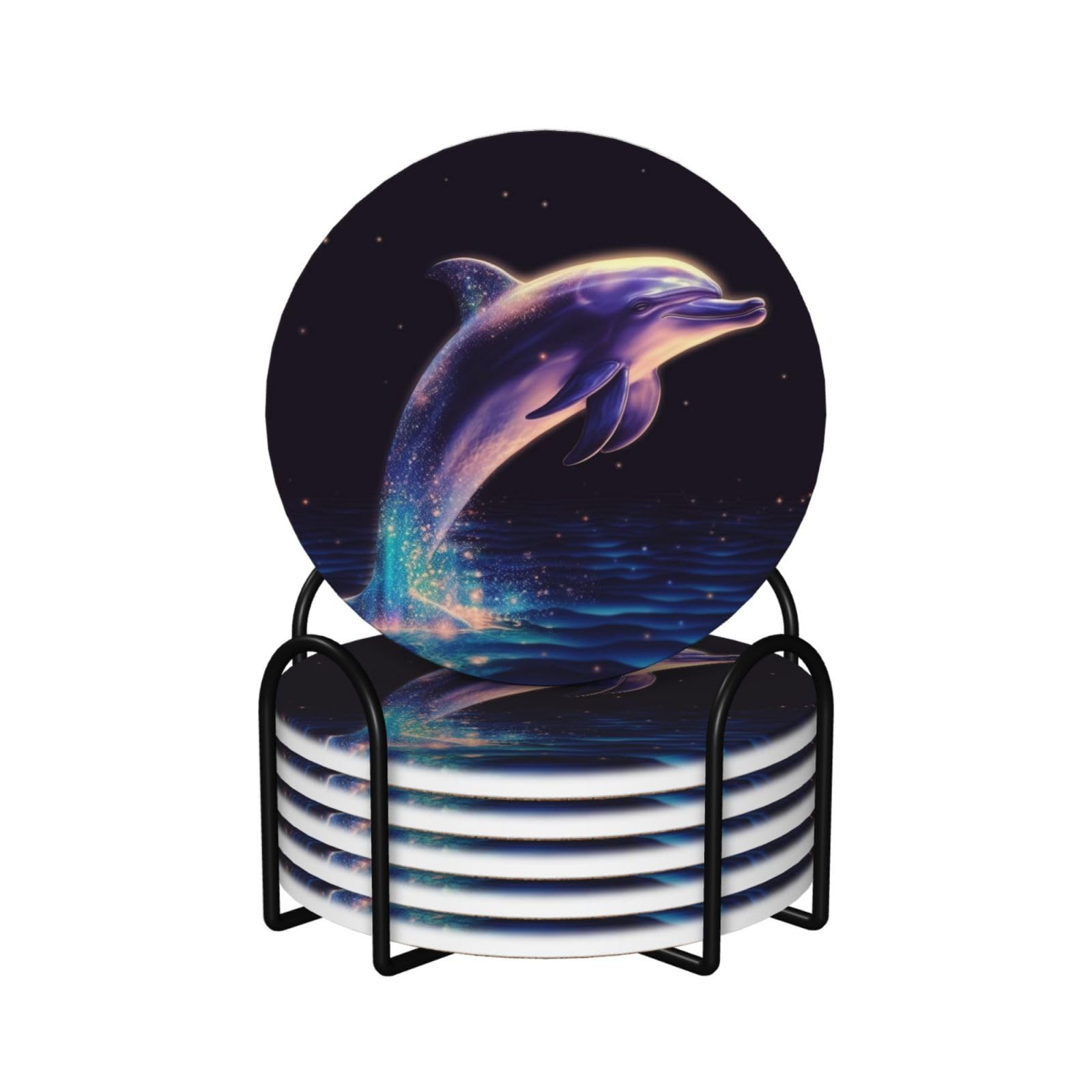 6Pcs Ceramics Coaster for Drinks, Glitter Dolphin Cup Coasters with Holder, Aesthetic Drink Coasters for Coffee Table, Absorbent Round Coaster for Tabletop Protection 4" Cup Mat Pad
