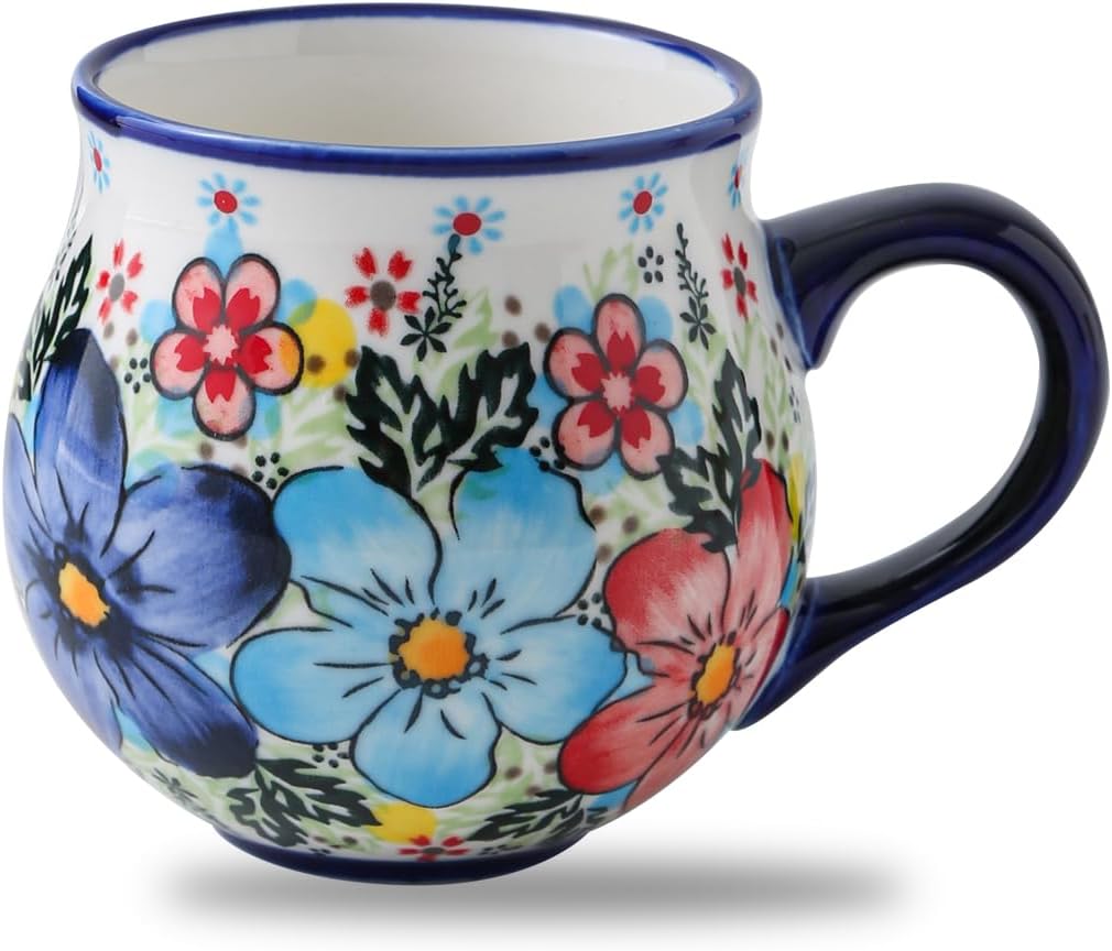 Handmade Ceramic Coffee Mug 13 oz Large Polish Pottery Cup For Coffee, Tea Cappuccino, Americano, Latte, Dishwasher Microwave Safe Day Gift for Moms, Girls, Ladies Housewarming Present