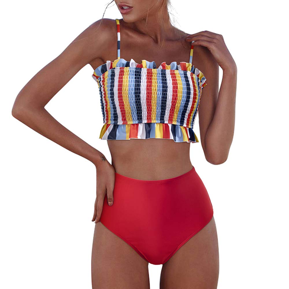 RXRXCOCO Womens Shirred Bandeau Bikini Cute Two Piece Swimsuit Off Shoulder High Waist Bathing Suit Red-5 Medium