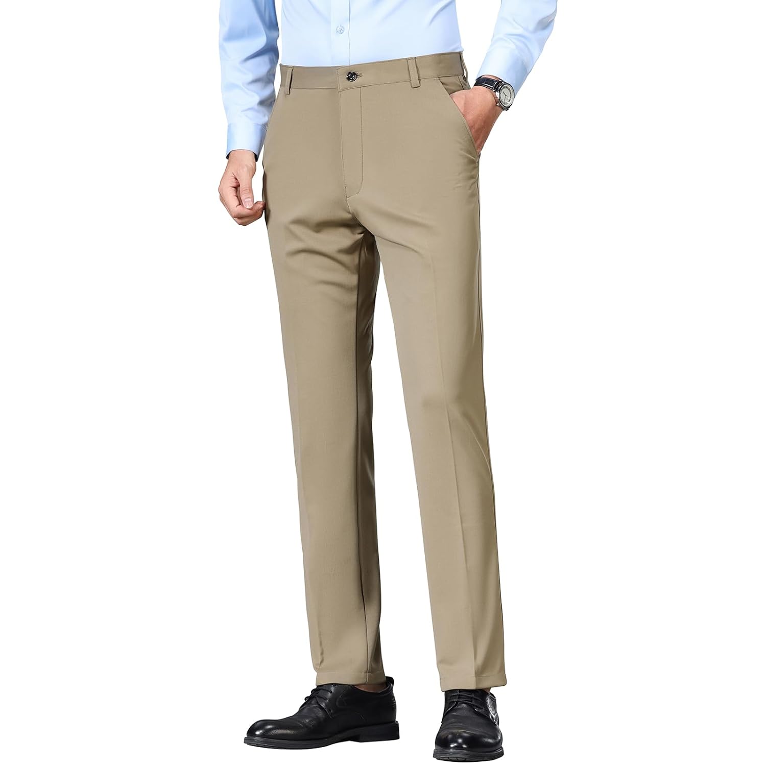 Mylldey Calça social masculina slim fit, casual, negócios, frente lisa, leve, sem rugas, confortável