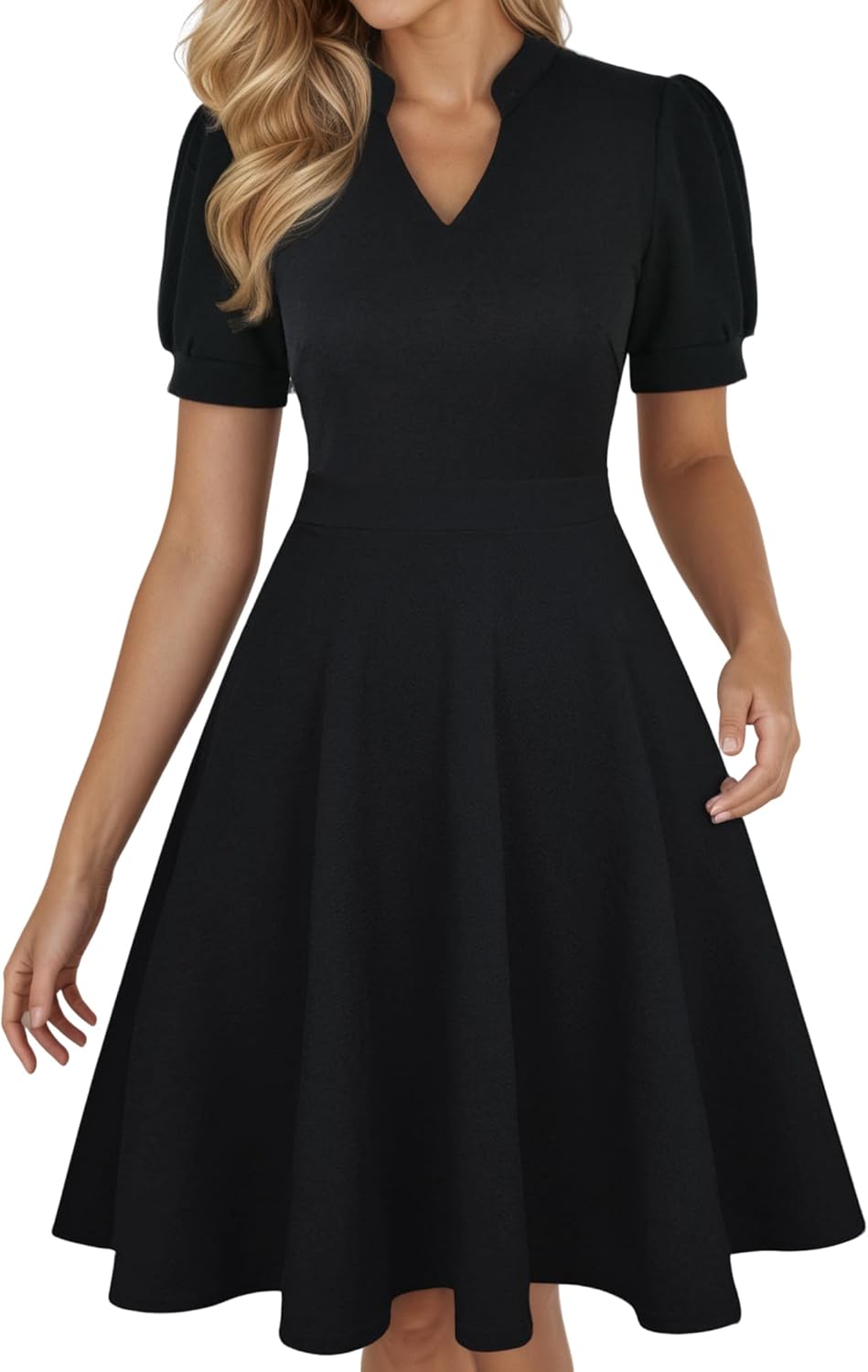 Mokayee Womens Summer Short Puff Sleeve Casual Semi-Formal Fit and Flare Church Wedding Guest Work Dresses with Pockets