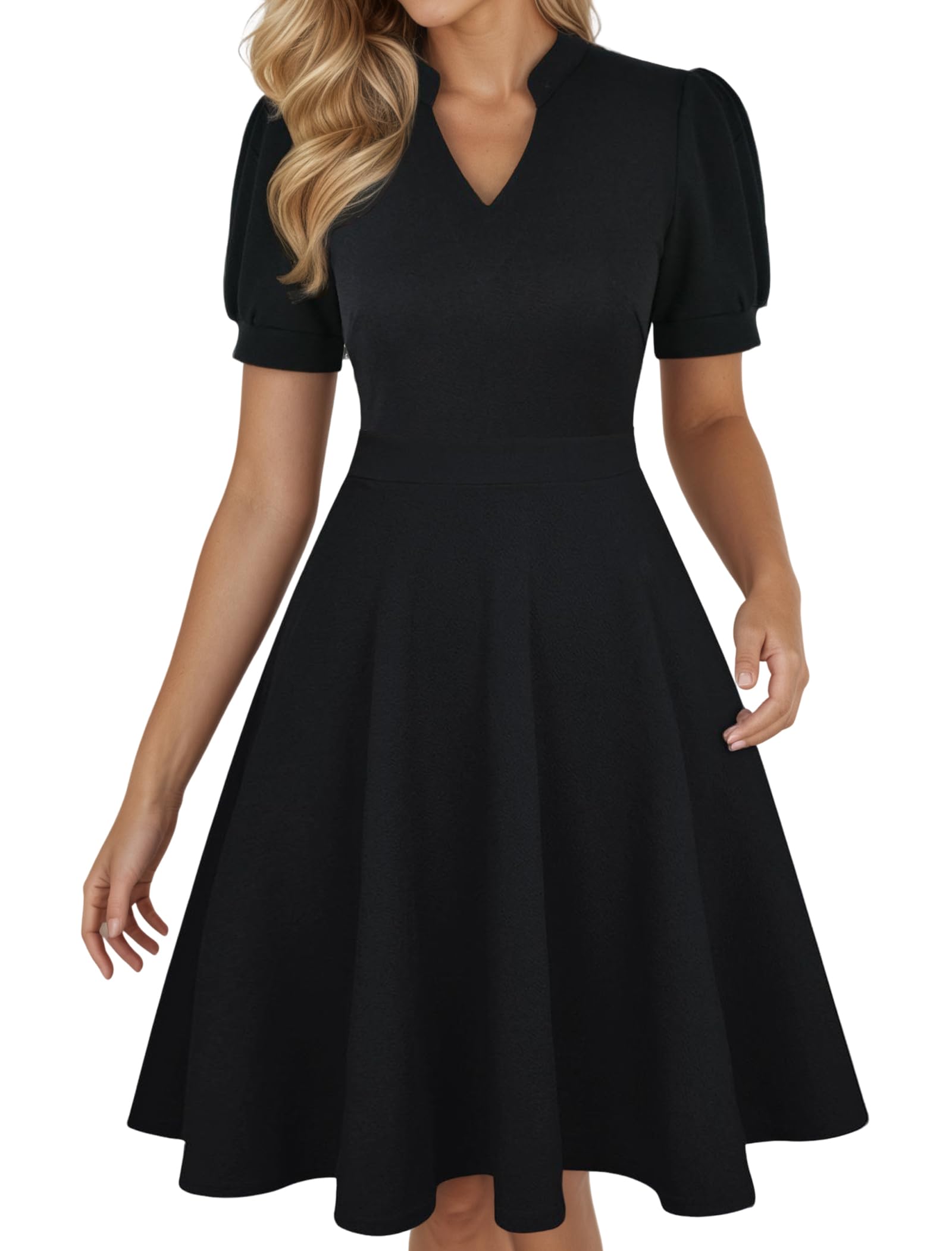 Photo 1 of Mokayee Black Funeral Dresses for Women Summer Puff Sleeve V Neck A Line Semi-Formal Fit and Flare Swing Cocktail Modest Interview Dinner Business Wear to Work Dresses with Pockets XL