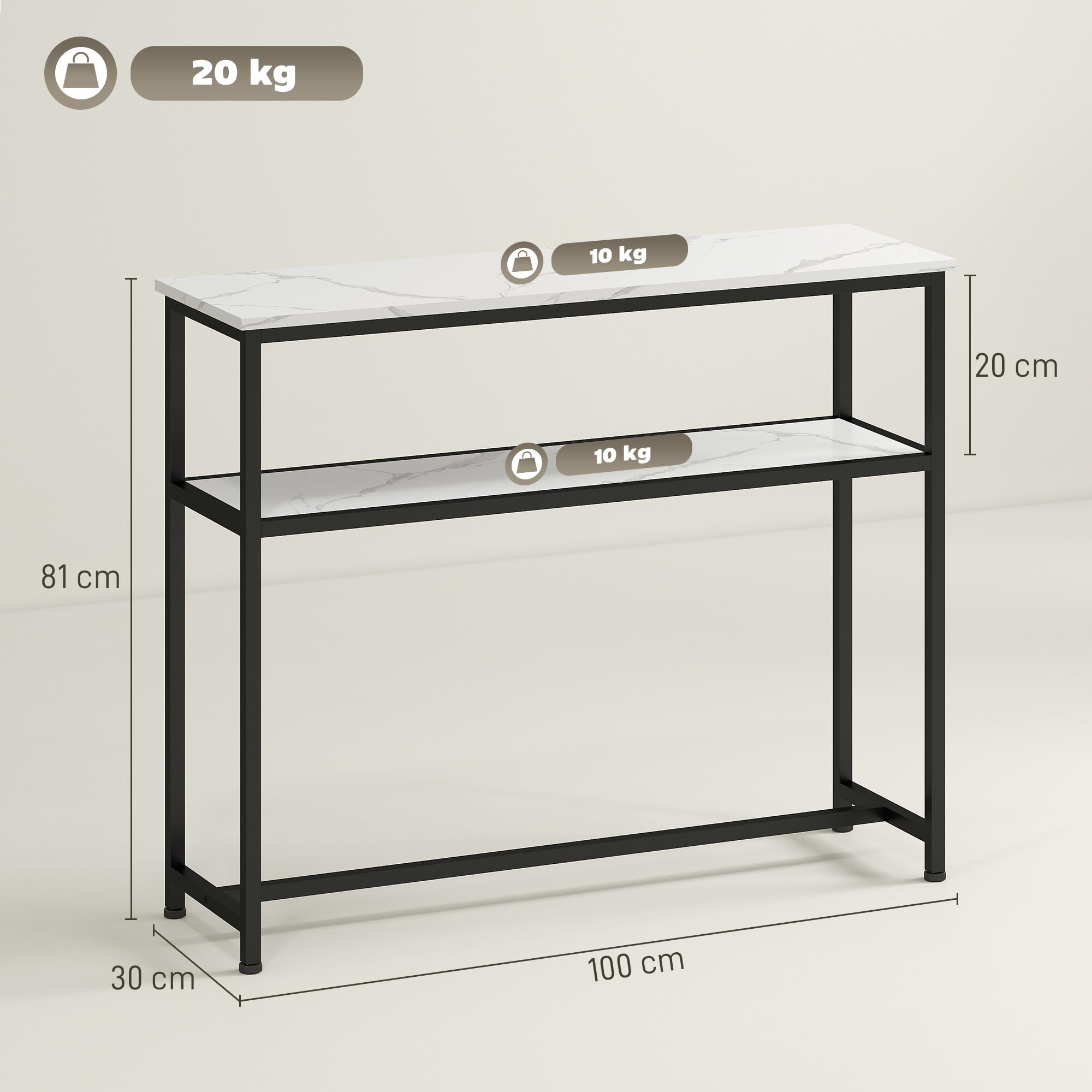 HOMCOM Mesa Consola Moderna Consola Recibidor Estrecha 100 cm Blanco | Superficie con Efecto Mármol, Estante Abierto, Marco de Metal, Mesa de Sofá, para Entrada Sala de Estar