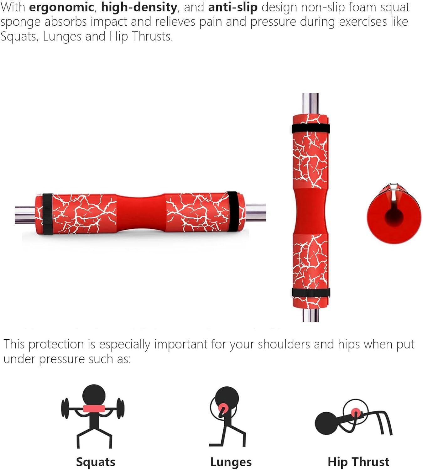 FITCOZI Barbell Pad For Weight Lifting Hip Thrust Cushion EVA Foam Squat Pad For Gym Rod Foam For Neck and Shoulder Support Weightlifting Barbell with Ankle Straps, Resistance Band & Carry Bag (Red) 1