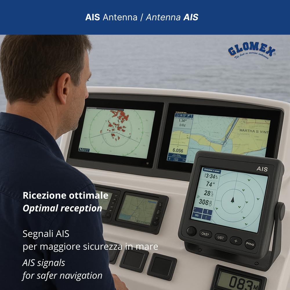 Glomex – Antenna AIS Glomeasy ad Alte Prestazioni 2,4m (Bianco), Modello RA1225FME/AIS – Installazione Rapida FME, Alto Guadagno 6dB, Per barche a vela, motore, gommoni, yacht – Massima Ricezione AIS