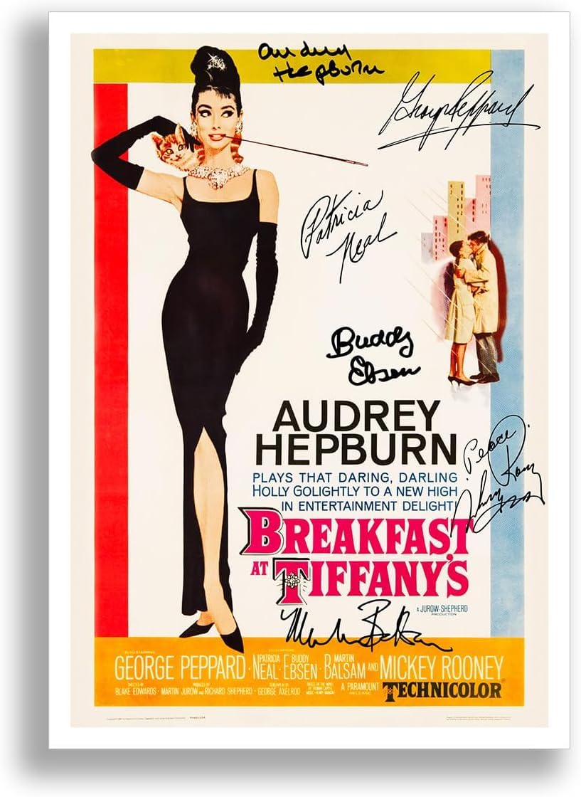Mounted Gifts Black Breakfast At Tiffany's Cast Signed A4 Poster Photo Print Framed Autograph Gift Movie Film Audrey Hepburn (A3 Poster Only)