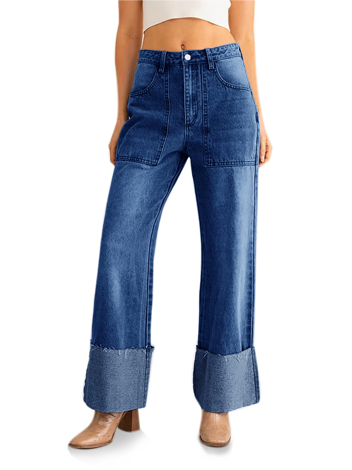 PLNOTME Womens Baggy Cuffed Jeans Casual Straight Leg Boyfriend Denim Pants with Pockets