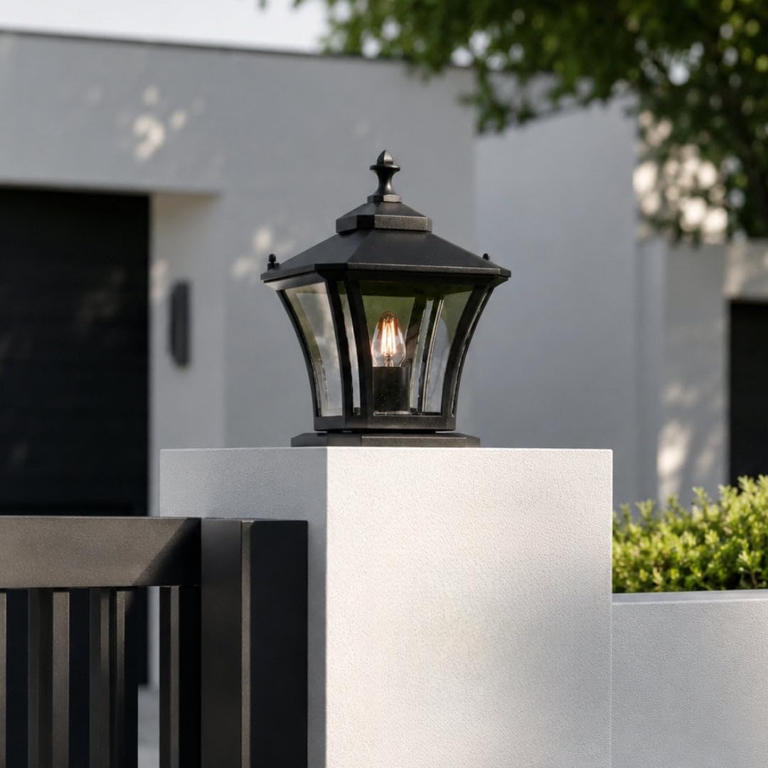 Whispering Homes | Mini Chamber Black Outdoor Gate Light | Classic Post Top Lamp with Matte Black Finish & Seeded Glass | Outdoor Lighting for Main Gate Pillar, Driveway & Garden Entrance-image-20