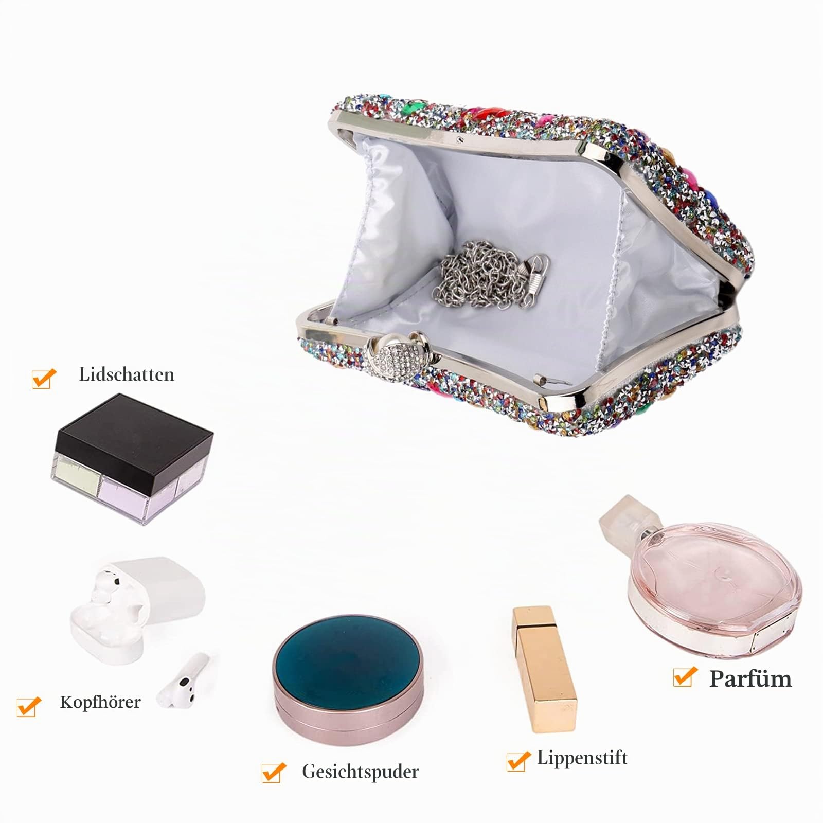 CORIOS Strass Clutch für Damen Shiny Abendtasche Diamant Clutch Tasche Kette Schultertasche Elegante Umhängetasche Klein Tasche für Hochzeit Bankett-Party Abschlussball Silber