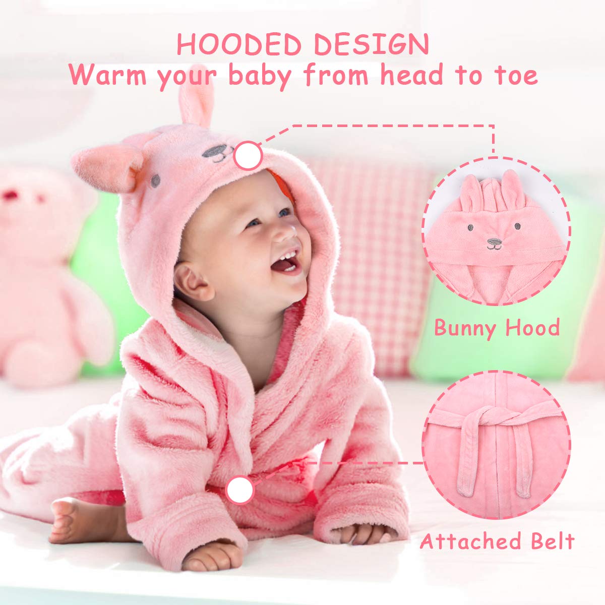 URAQT Accappatoio Neonato, Accappatoio Neonata con Cintura Accappatoio per Bebè, Asciugamano con Cappuccio Flanella, Extra Morbido e Assorbente, Regalo per Neonati Unisex