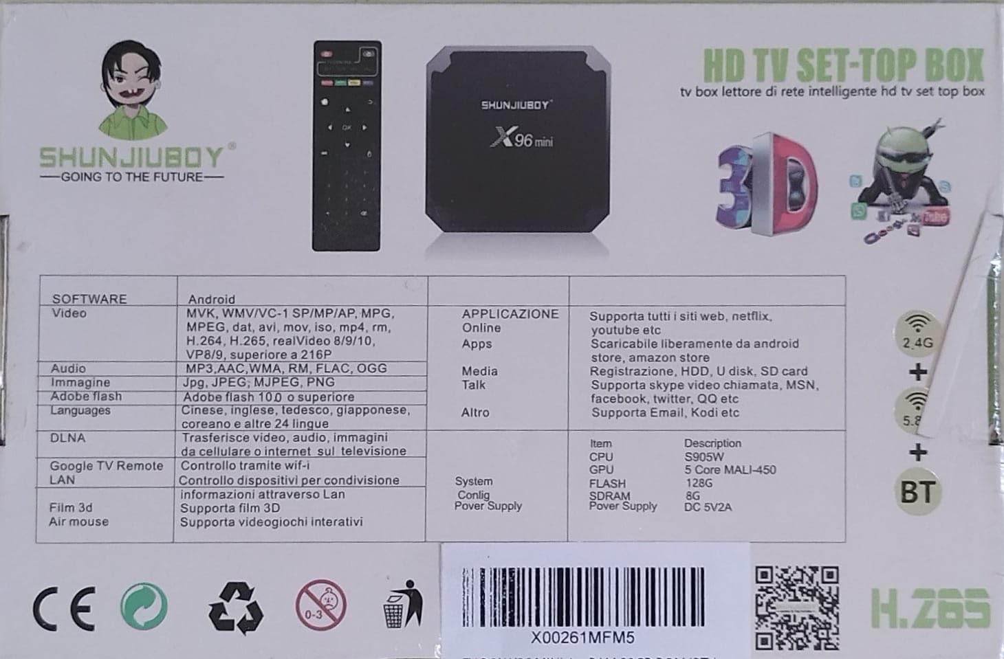 TV BOX X96 MINI ANDROID 10.0 8K 4GB RAM 32GB ROM IPTV con telecomando e cavo HDMI, lettore multimediale Box TV 8K