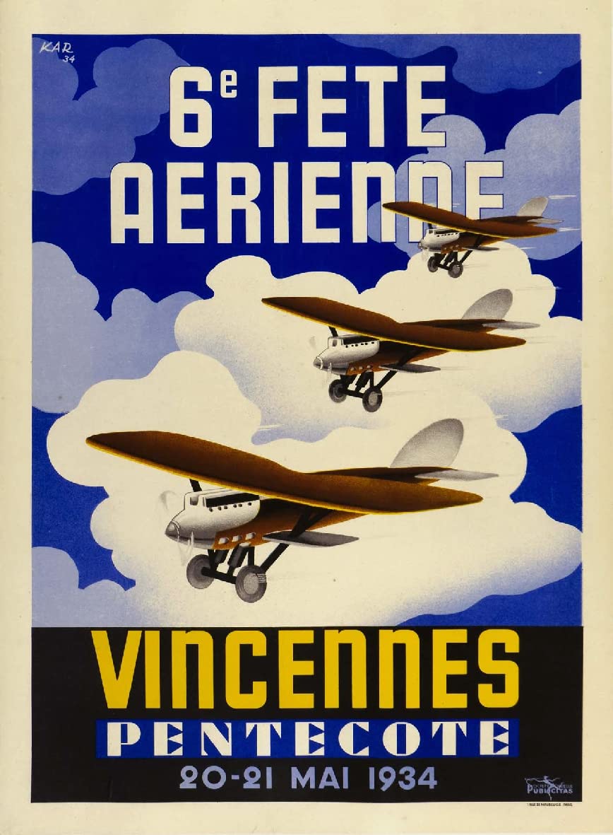 Poster Fête Aérienne 1934 Vincennes - Reproduction HQ 60x80cm D'affiche Vintage