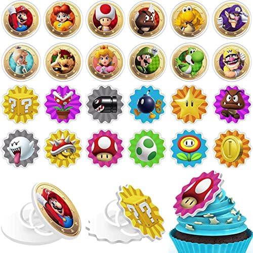 Mario Cake Toppers Cupcake Ring Decor for Kids Mario Birthday Baking Decorations Mario Party Supplies - 24 Count