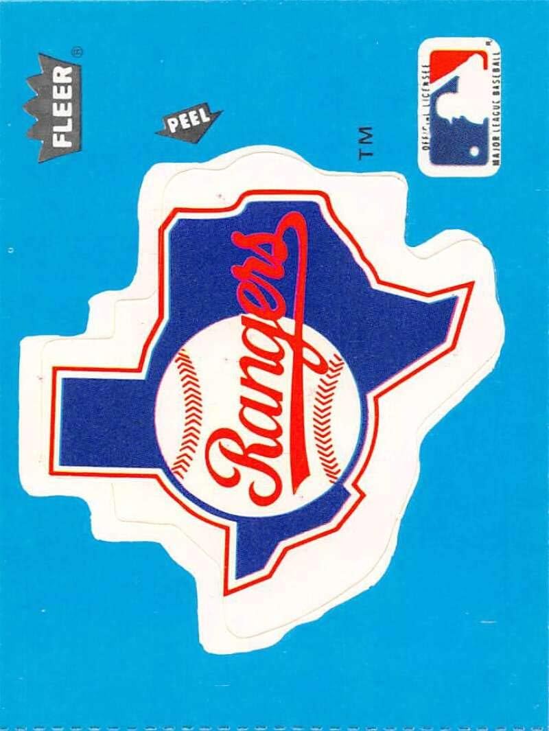 1985 Fleer Team Logo Stickers Small Print #NNO64 Texas Rangers Logo VAR: P in PEEL at top of arrow Texas Rangers Official Standard Trading Card Sized MLB Sticker in Raw (EX or Better) Condition