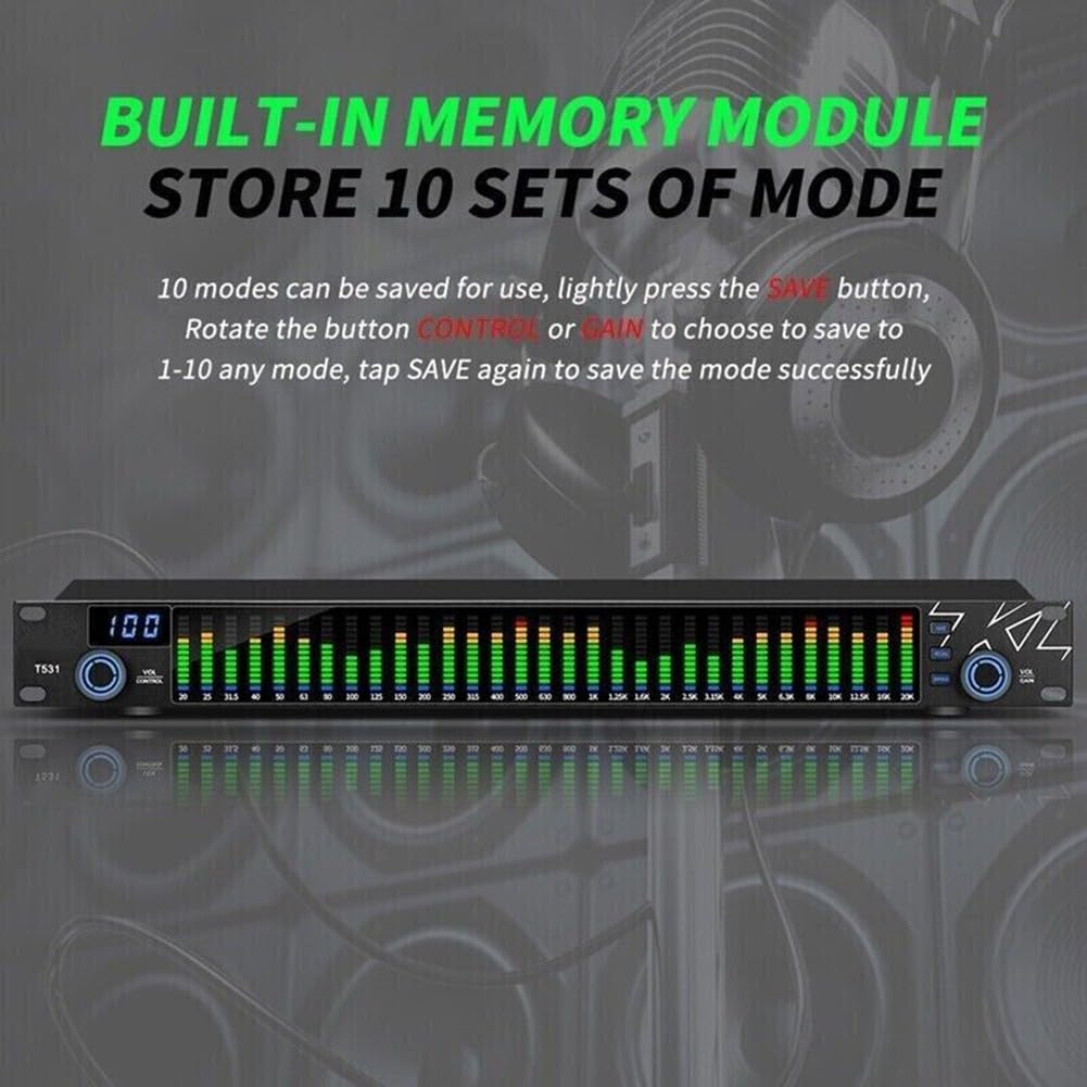 31-Band Stereo Grafik Digital Equalizer mit LED für SPECTRUM-Anzeige, Dual-K für DSP, Rauschunterdrückung, TRS/RCA/XLR Eingänge für Zuhause oder KTV, Schwarz
