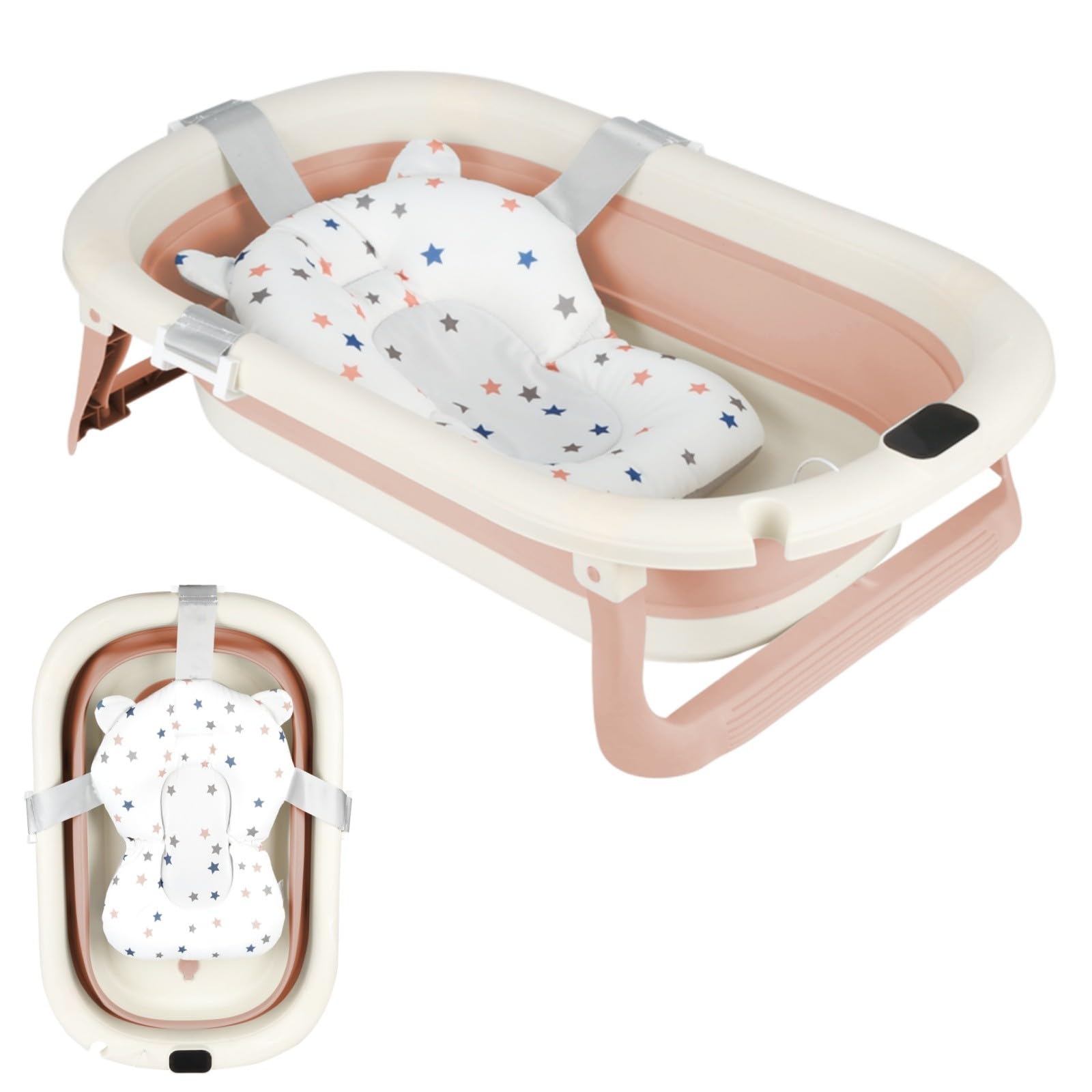 Belfoyer Baby Bath Tub with Digital Thermometer, Foldable Collapsible Bathtub for Newborns & Toddlers, Anti-Slip Stand & Washable Seat Mat, Portable Shower Basin 72x45cm Pink