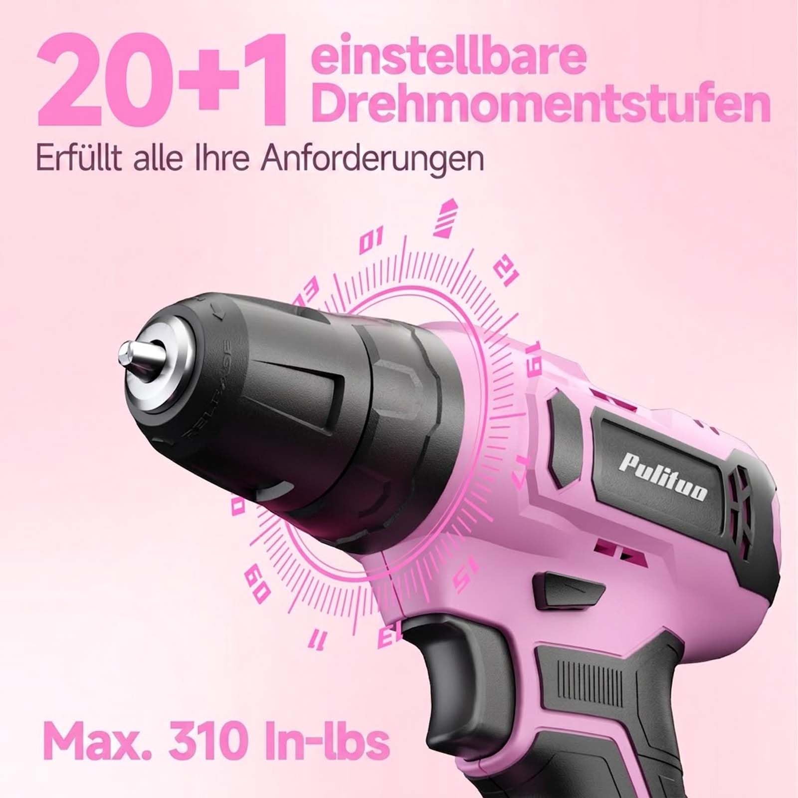 PULITUO Valigetta degli attrezzi da 238 pezzi con avvitatore a batteria rosa, set di cacciaviti a batteria da 20 V, cassetta degli attrezzi per riparazioni domestiche, progetti fai da te e