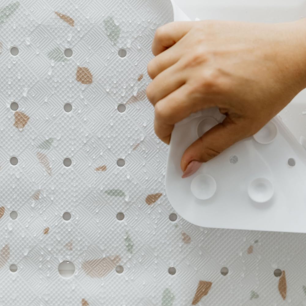 Tapis de Douche Bébé Antidérapant 53x53 cm Motif Terrazzo sans BPA Lavable en Machine Anti-moisissure avec Ventouses