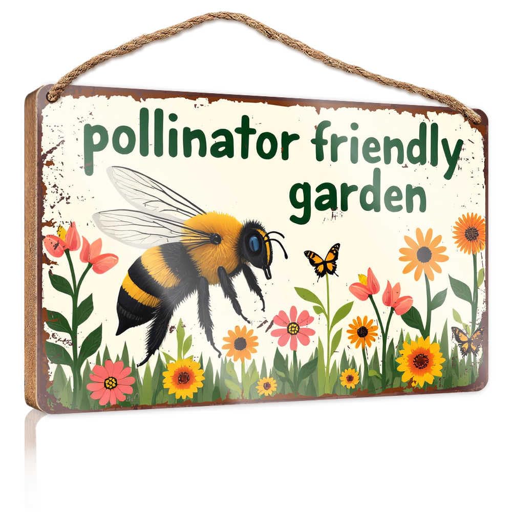 Fzfn Colour Bathroom Signs Decor Funny Bee-Friendly Garden: A Haven For Pollinators Wooded Sign Box Signs Kitchen Wall Decor(15X28cm)