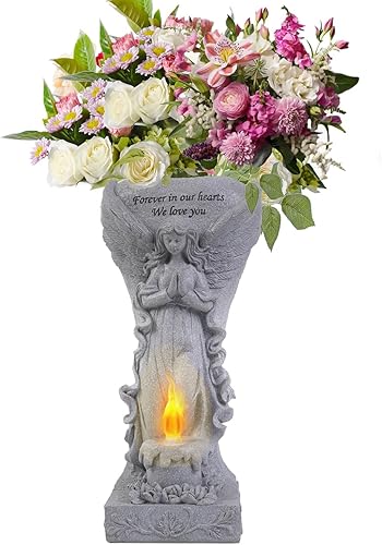 Miniatura 2 de Regalo conmemorativo del cementerio estatua de ángel de jardín con luces solares y jarrones, florero de ángel de oración, estatuas de jardín de