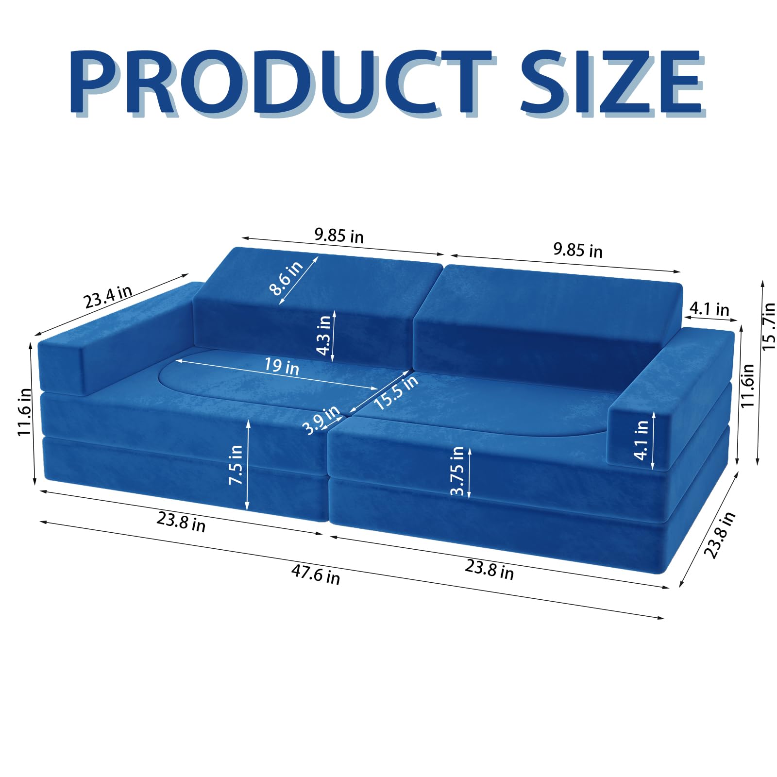 Jadoxy Modular Kids Play Couch, 10PCS Kids Play Sofa Couch, Multifunctional Foam Couch for Playroom, Imaginative Convertible Floor Cushion for Boys and Girls (Dark Blue)