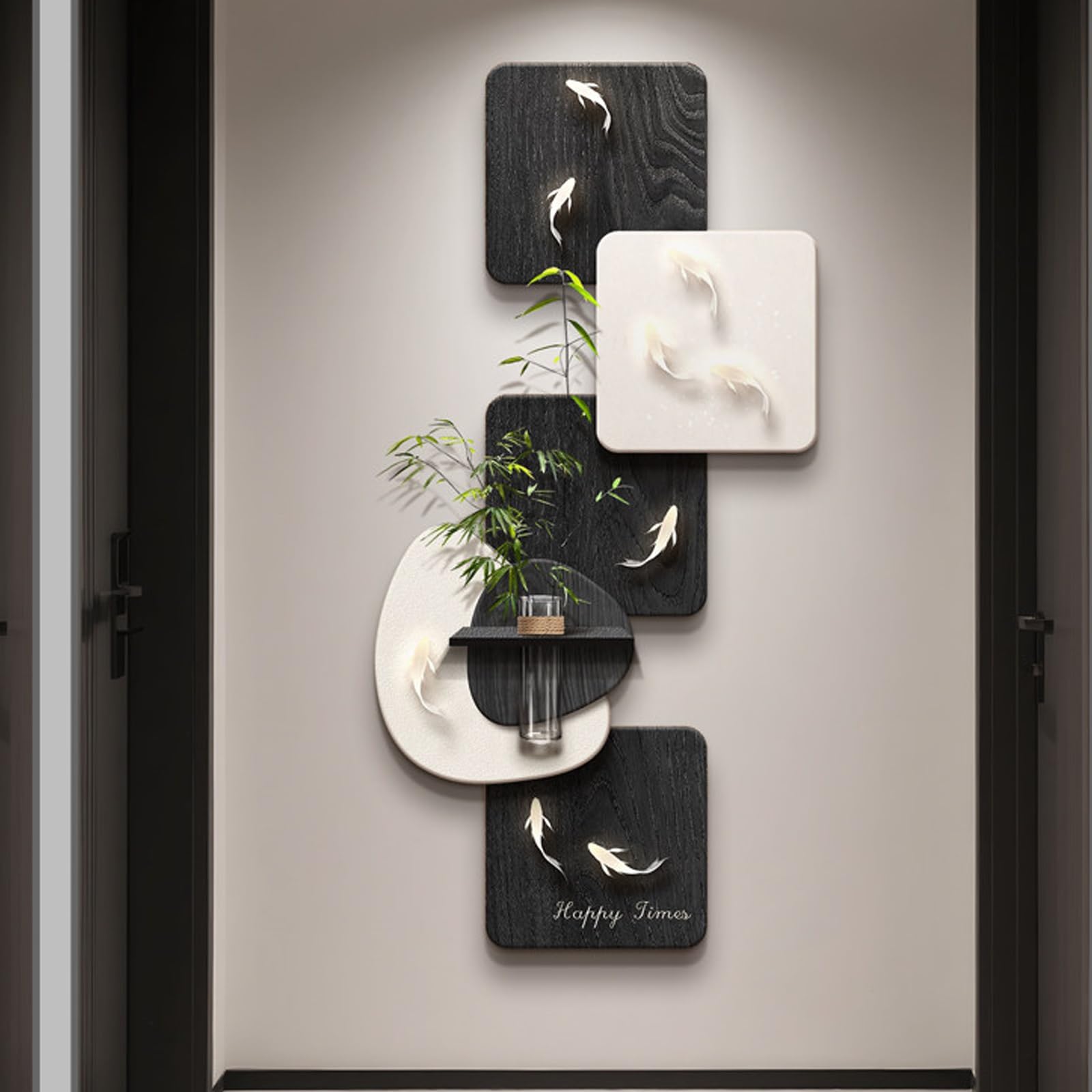 Decorazione murale 3D effetto arenaria con vaso a LED e nove pesci, stile
