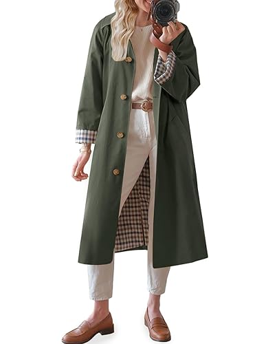 Long Trench Coat Single Breasted Check Lining Classic Collar Fall