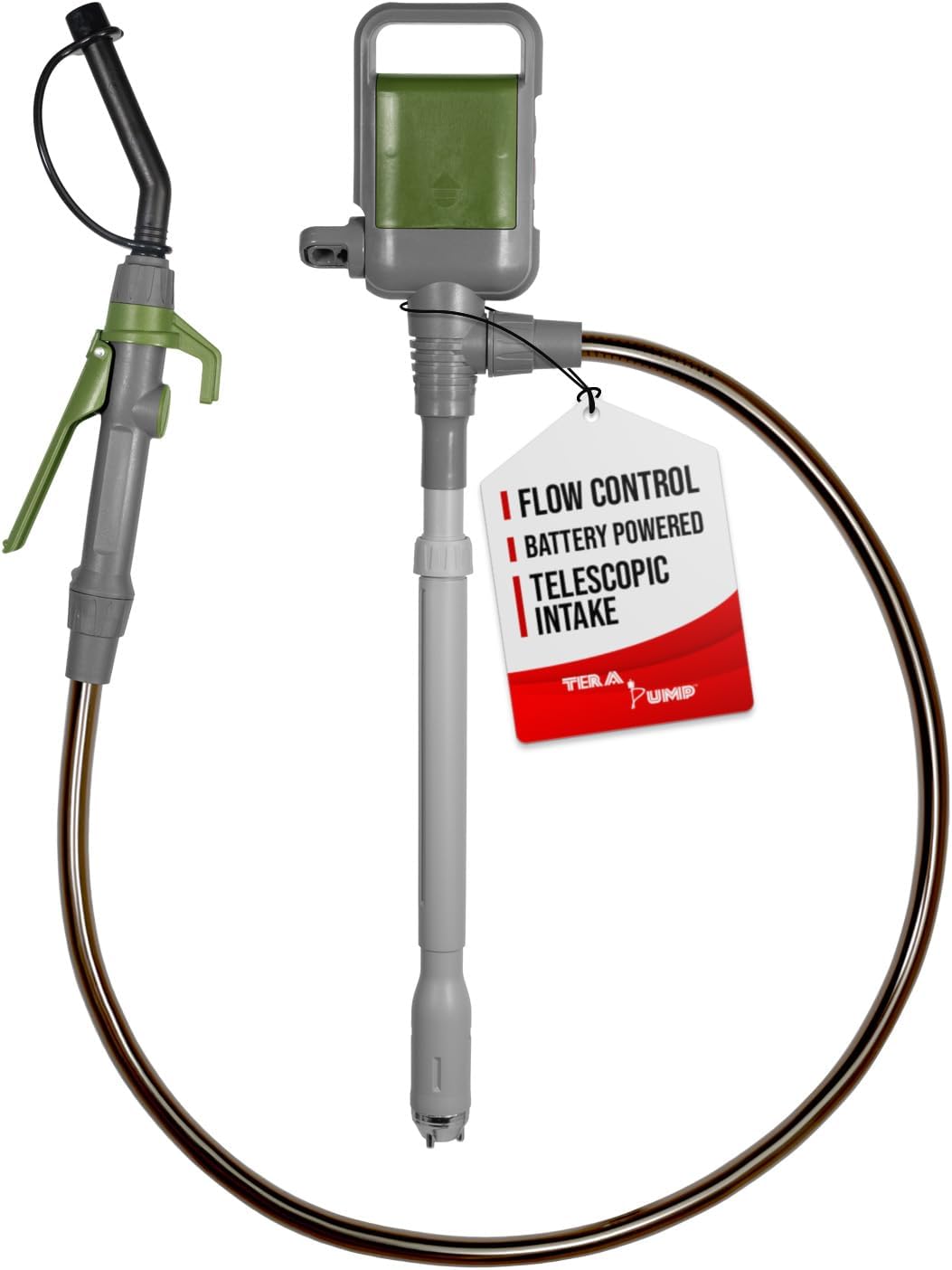 TERA PUMP 2nd Gen. TRCDM Portable Fuel Transfer Pump with Flow Control Nozzle (2.6 Gal/Min) Adjustable Suction Tube, Patented Control Handle, Nozzle Cap for Gas/Diesel/Kerosene / E15 to E85