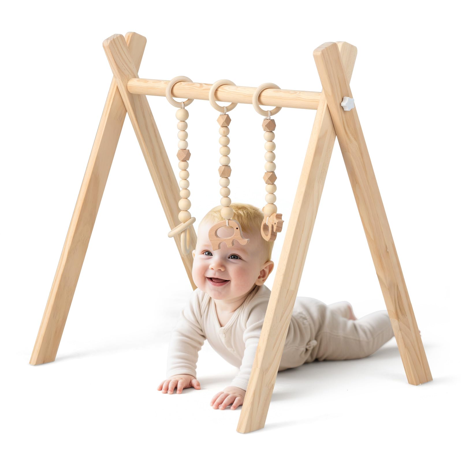 COSTWAY Baby Spielbogen Holz, Spieltrapez klappbar, Baby Gym mit 3 abnehmbaren Kinderspielzeugen, Spieltrapez für Babys über 3 Monate, Holzspielzeug zur Gehirnentwicklung (Natur)