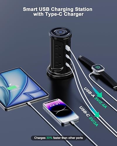 Miniatura 3 de Regleta de alimentación con protector de sobretensiones de torre con 8 salidas de CA, 3 puertos USB (2 tipo C), cable de extensión ultra plano de