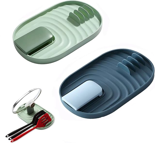 2 Pieces Pan Lid and Spoon Holder, Kitchen Utensil Shelf, Pot lid Shelf, Spoon Tray Shelf, Pot lid Holder and Cutlery Tray to Avoid Dripping Stains (Blue and Green)