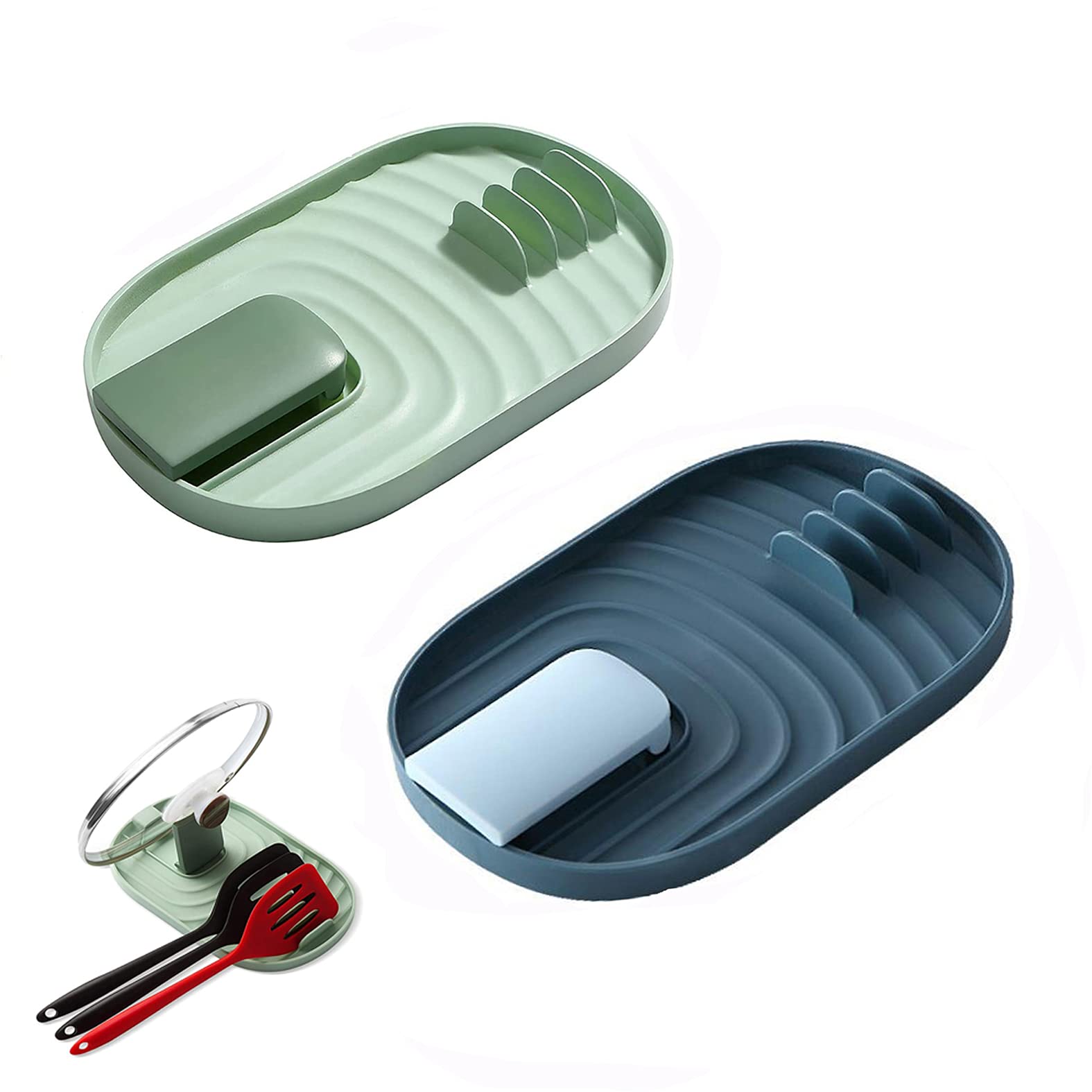 Xpoop Blue, Green 2 Pieces Pan Lid And Spoon Holder, Kitchen Utensil Shelf, Pot Lid Shelf, Spoon Tray Shelf, Pot Lid Holder And Cutlery Tray To Avoid Dripping Stains (Blue And Green)