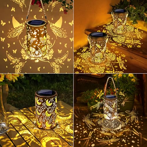 Image of Toodour Solar Lantern Outdoor, Garden Gifts for Mom Grandma Women Hanging Solar Outdoor Lights Waterproof, Hollow Out Retro Metal Dragonfly Lights for Patio, Balcony, Walkway, Yard Decorations