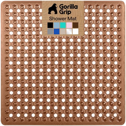 Image of GORILLA GRIP Patented Square Shower Stall Mat, Small Bathtub Floor Mats for Stand Up Showers with Suction Cups and Drainage Holes, Machine Wash, Soft on Feet, Bathroom Accessories 21x21 Inch, Brown