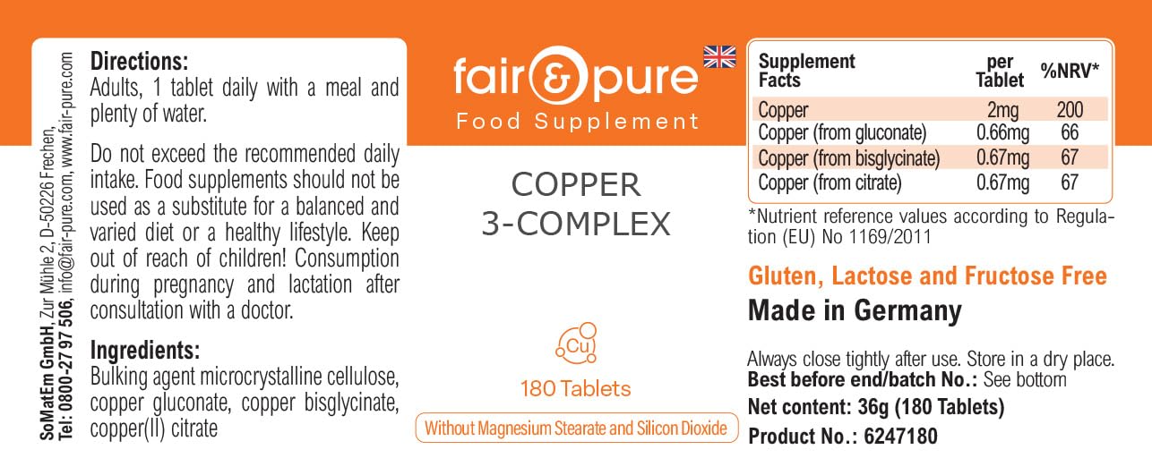 Fair & Pure Complesso di rame a 3 componenti, 180 compresse, 2 mg per compressa, facili da deglutire, integratore alimentare vegano senza additivi, prodotto in Germania