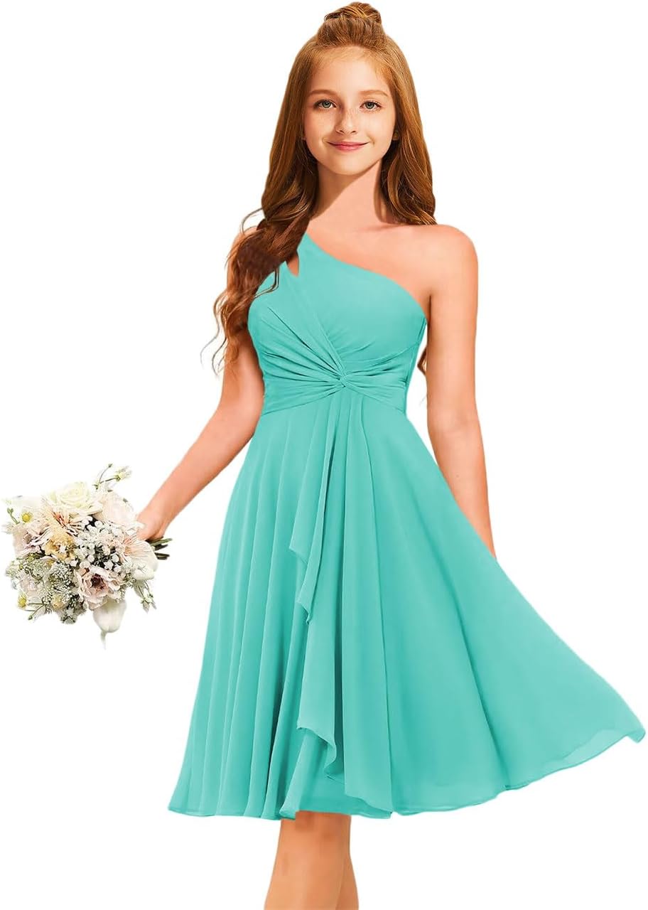 MRHUSH Junior Bridesmaid Dresses for Teen Girls Formal Dress Short Chiffon Flower Girl Dress One Shoulder Pleated Party Gown