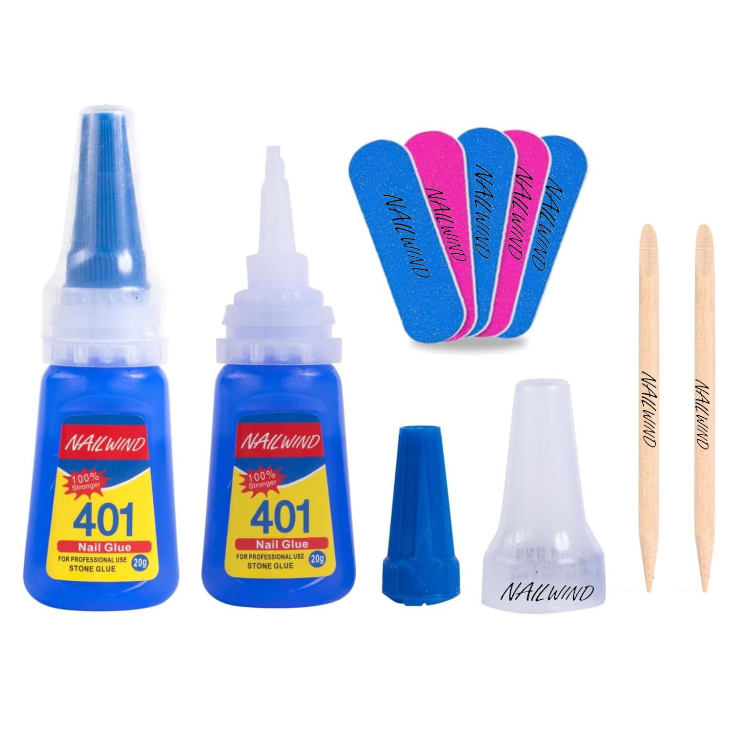 NAILWIND Nail Glue - Super Glue Stronger For Artificial Or Fake Nails | Nail Art 20g - Bottle 401 Rapid Fix Handmade Adhesive Quick Dry With 5 Mini Filler And 2 Orange Wood Stick For girl woman