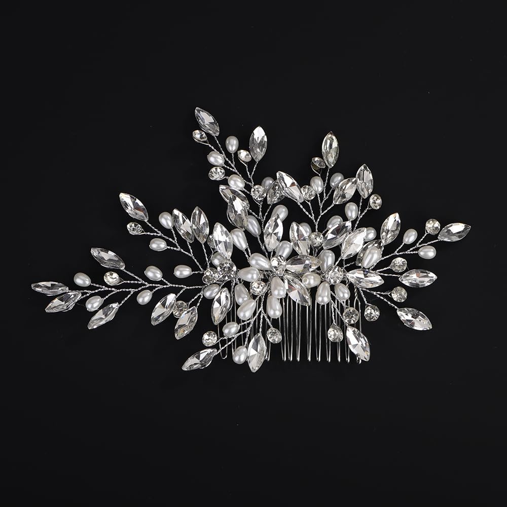 Dainty Rhinestone Pearls Hair Comb Silver Crystal Pearls Wedding Hair Side Comb Sparkly Crystal Rhinestone Headpiece Bridal Hair Comb for Wedding Women - Image 3
