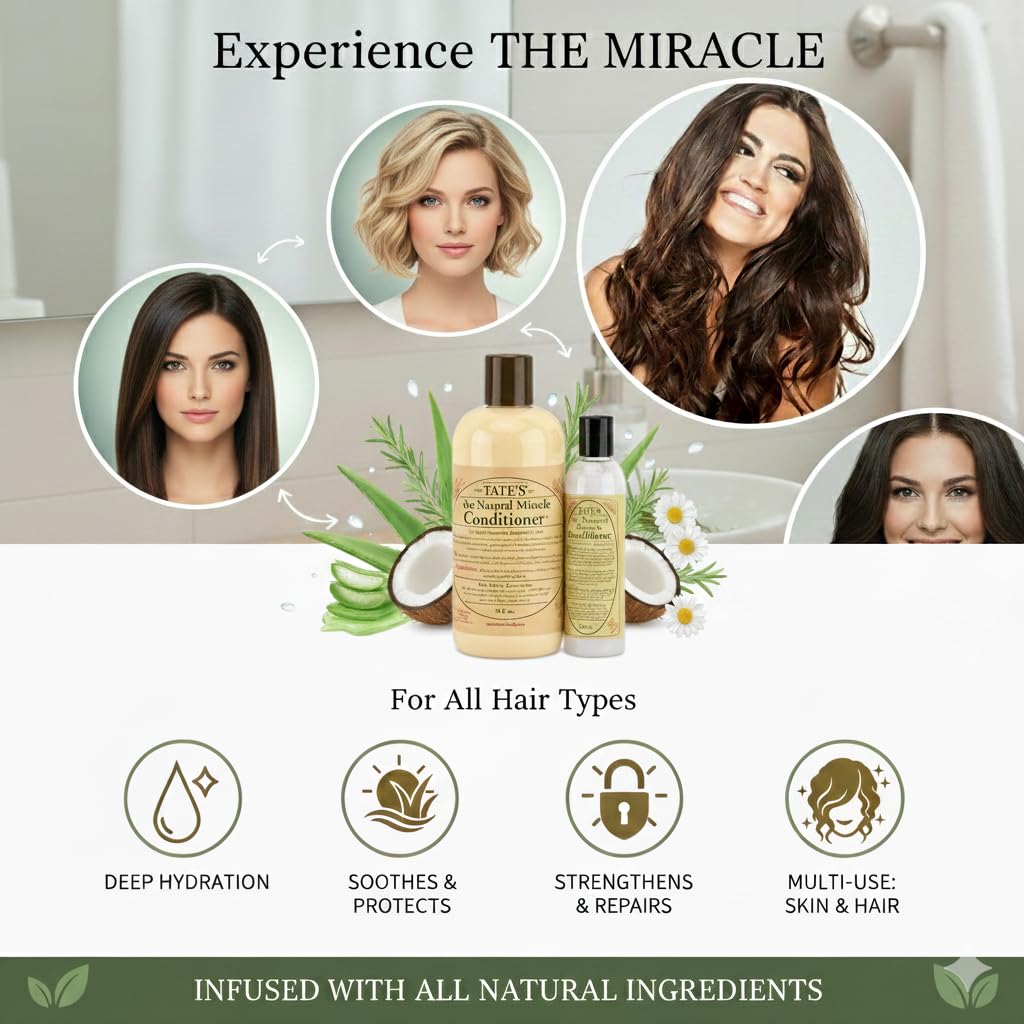 Tate’s Natural Miracle Conditioner – 18 fl oz with FREE 5 fl oz Mini, Unscented Natural Hair Conditioner for Dry, Damaged & Color-Treated Hair, Deep Moisturizing Repair, Multi-Use Skin & Body Lotion