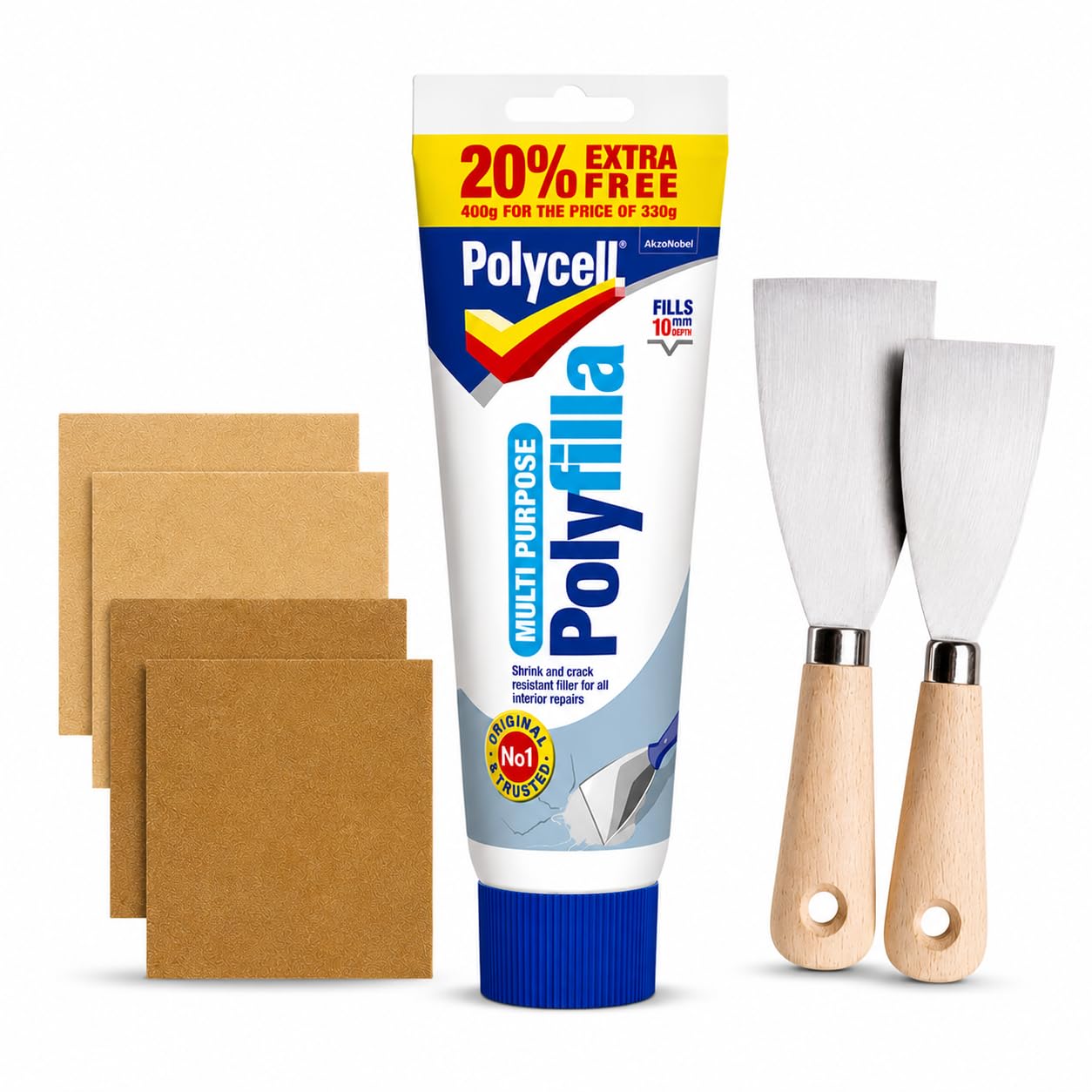 Polycell Polyfilla Ready Mixed Tube + 2" and 3" Filling Tools & 4 Sandpapers (2 Coarse, 2 Fine) All Purpose Filler - Interior and Exterior Filler For Walls